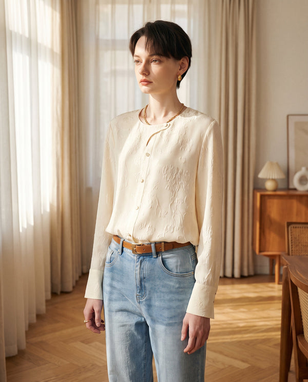 Damen-Jacquard-Seidenbluse aus 19 Momme Maulbeerseide - Rundhalsausschnitt im orientalischen Stil