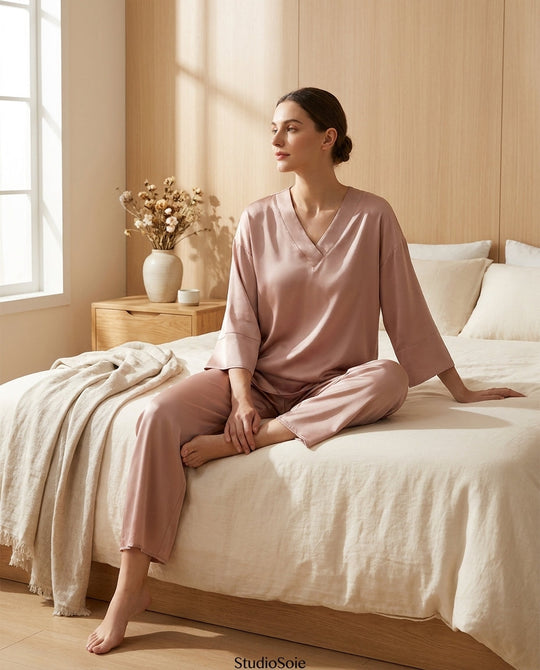 Ensemble Pyjama en Soie de Mûrier 20MM - Haut Col V & Pantalon Femme 100% Soie Naturelle - StudioSoie