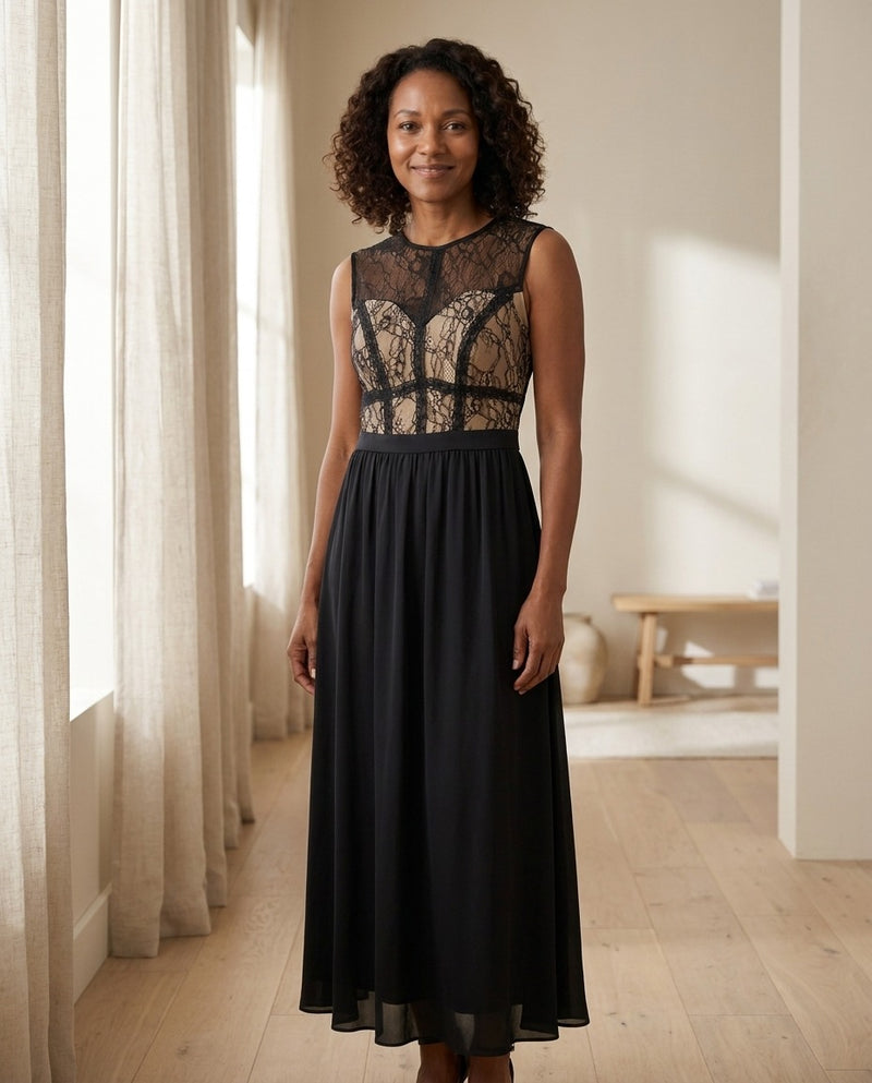 Langes Kleid mit Spitzeneinsatz — Damenkleid ohne Ärmel
