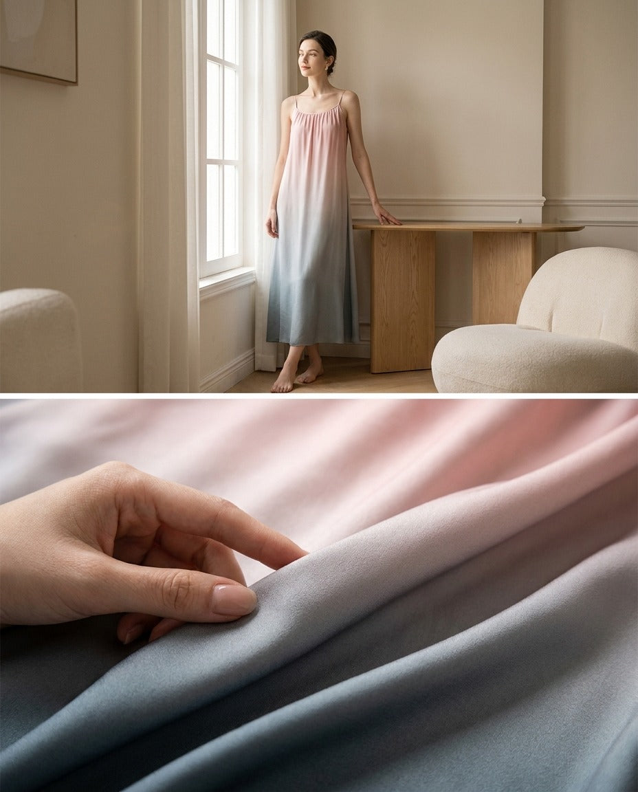 Robe Nuisette en Soie de Mûrier — Dégradé Coupe A Sans Manches Femme — gros plan sur la matière | StudioSoie