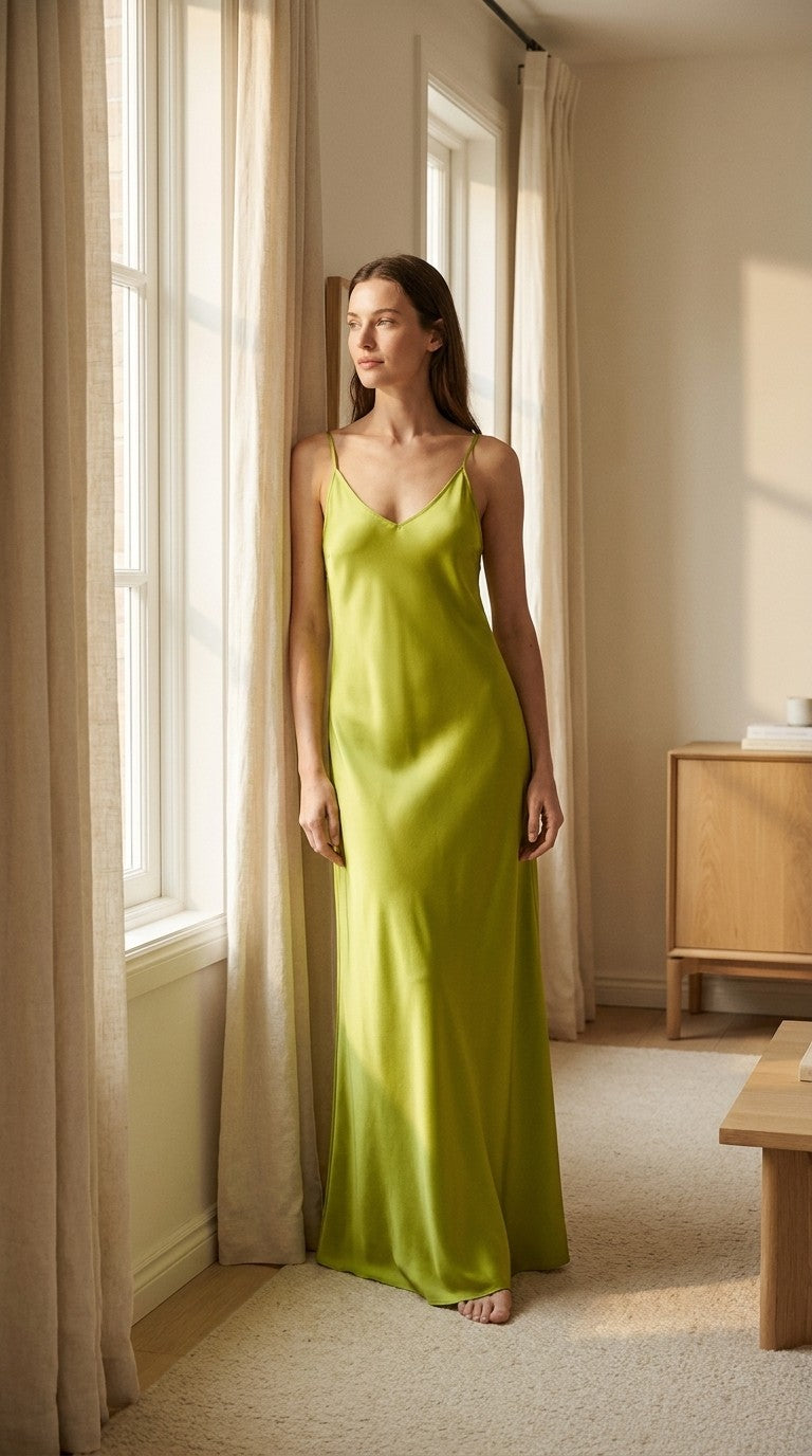 Robe longue en soie de mûrier col V — silhouette complète | StudioSoie