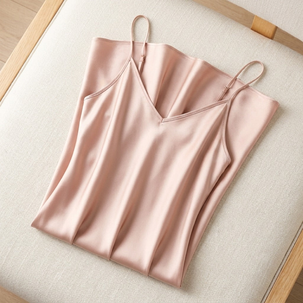 Robe Longue en Soie de Mûrier 21 Momme — Col V Bretelles Réglables 17 Coloris Femme - coloris rose-poudre | StudioSoie