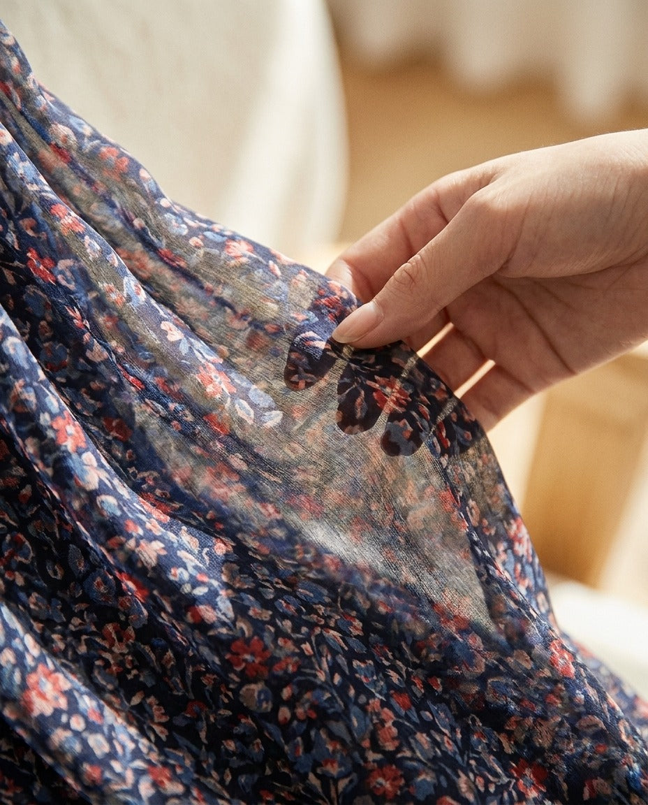 Robe Midi en Georgette de Soie — Double Épaisseur Imprimé Floral Femme — gros plan sur la matière | StudioSoie