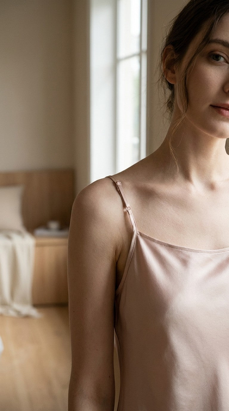 Nuisette mini en soie de mûrier 19 momme — détail du décolleté | StudioSoie