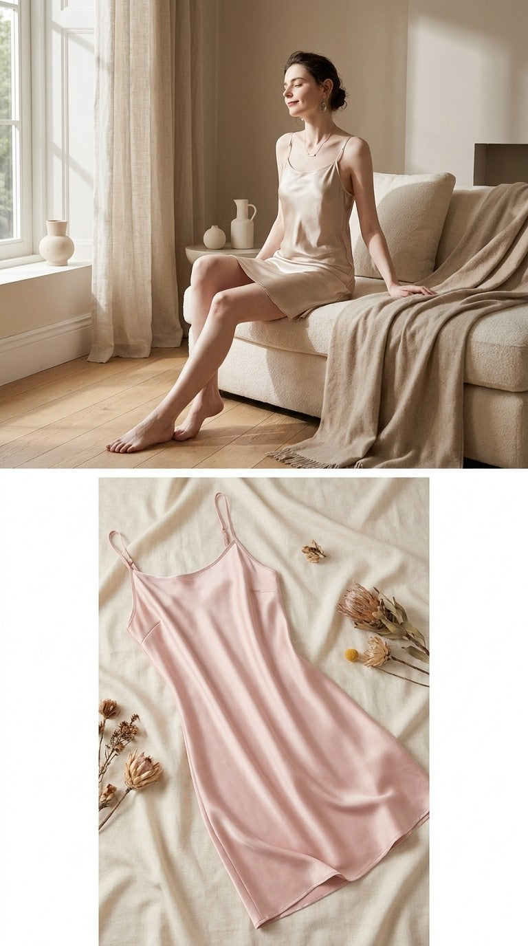 Nuisette mini en soie de mûrier 19 momme — à plat sur lin | StudioSoie