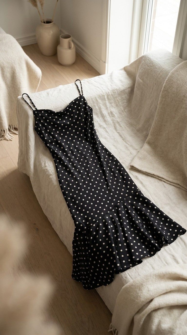 Robe à pois en soie de mûrier coupe biais — à plat sur lin | StudioSoie