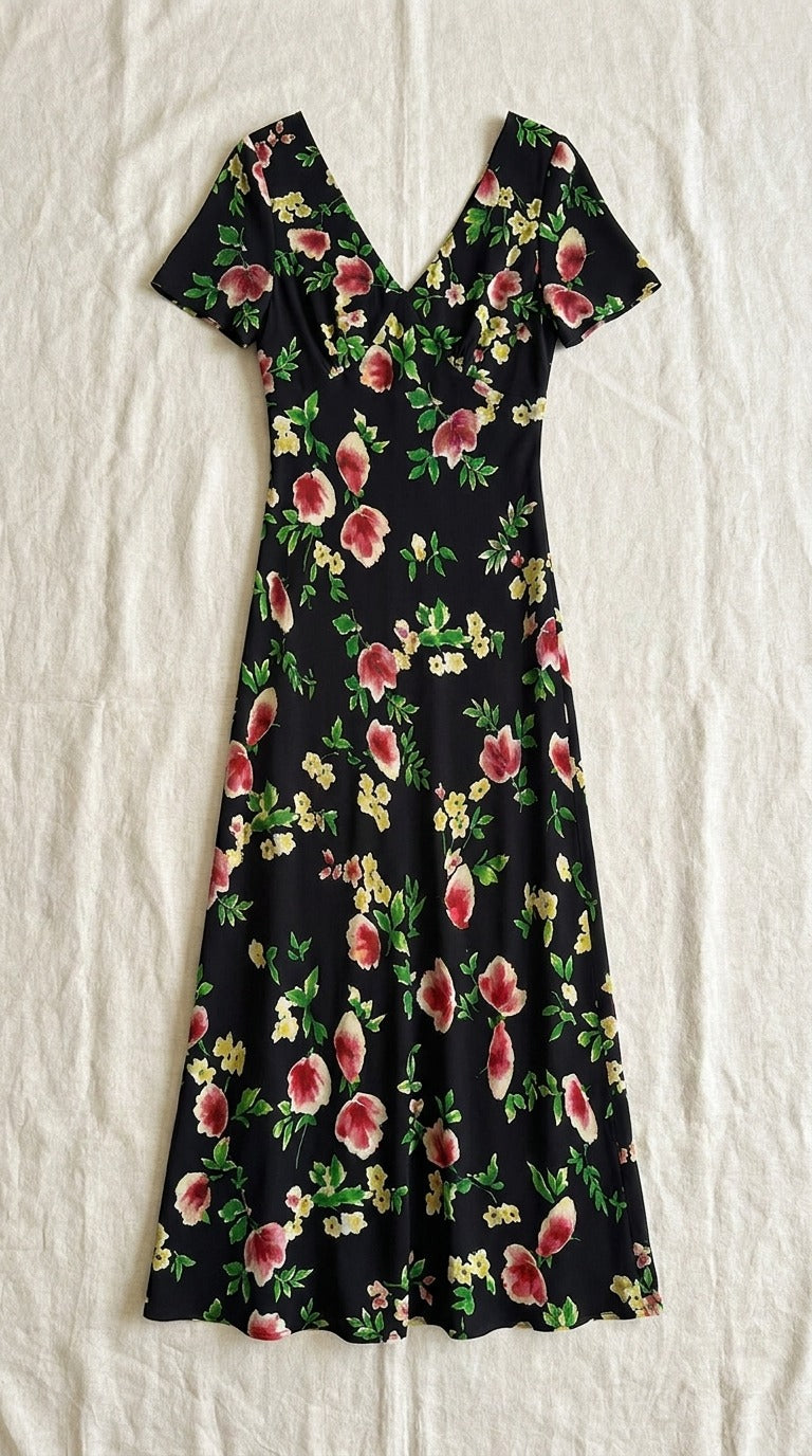 Robe Longue en Crêpe de Soie 100 % — Col V Imprimé Floral Femme — à plat sur lin | StudioSoie