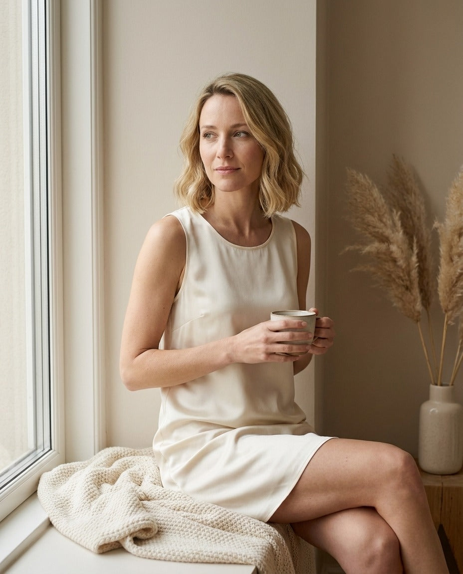Mini Robe en Soie de Mûrier 100 % — Col Rond Unie 7 Coloris Femme — portée en intérieur | StudioSoie