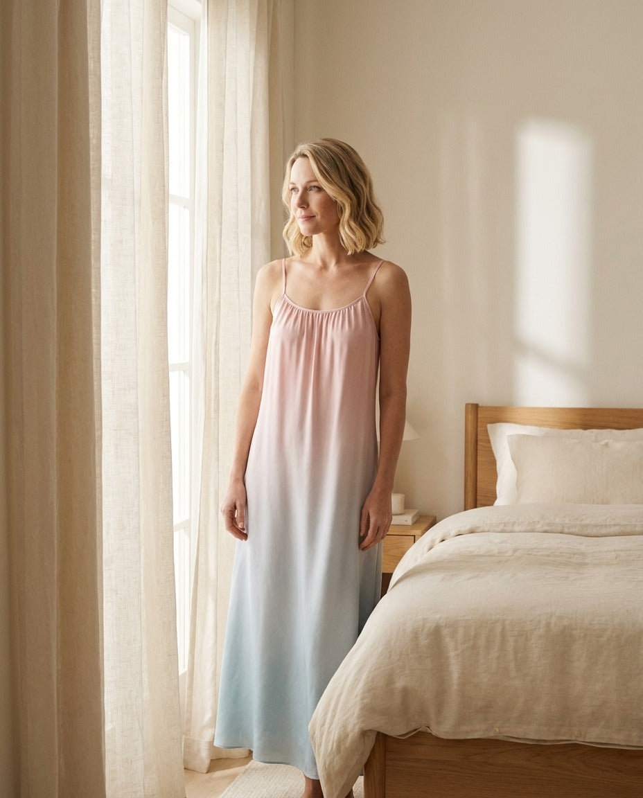 Robe Nuisette en Soie de Mûrier — Dégradé Coupe A Sans Manches Femme — portée de face | StudioSoie
