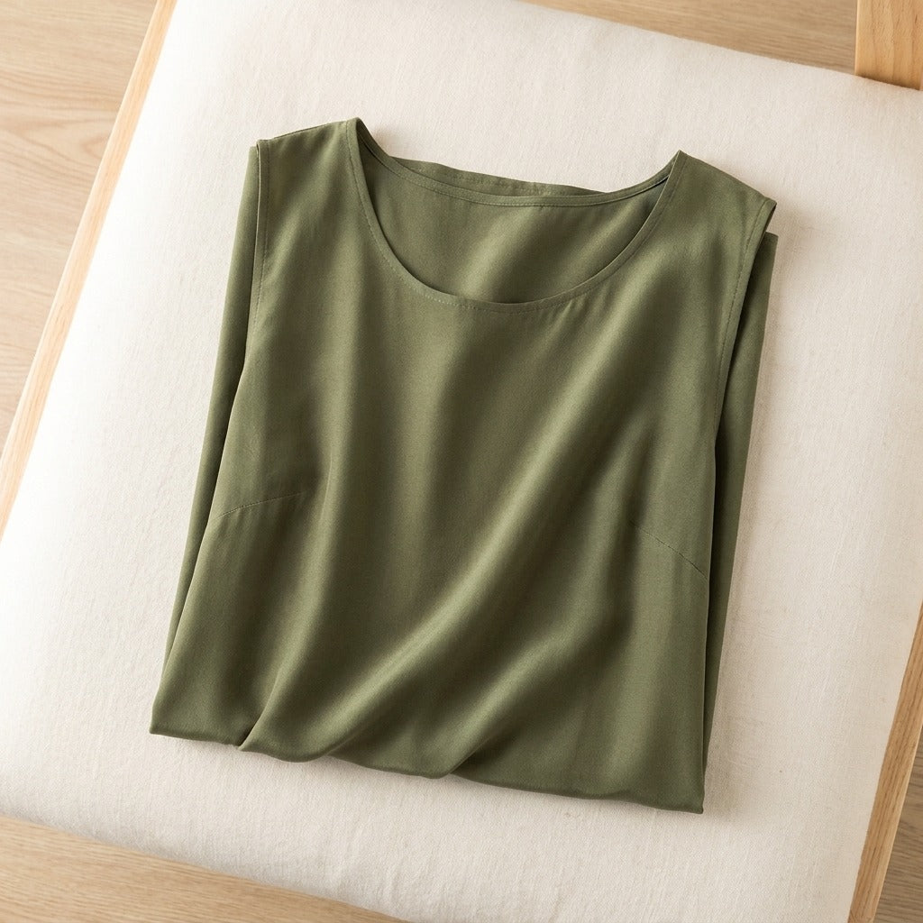 Mini Robe en Crêpe de Chine de Soie 100 % — Sans Manches 7 Coloris Femme - coloris kaki | StudioSoie