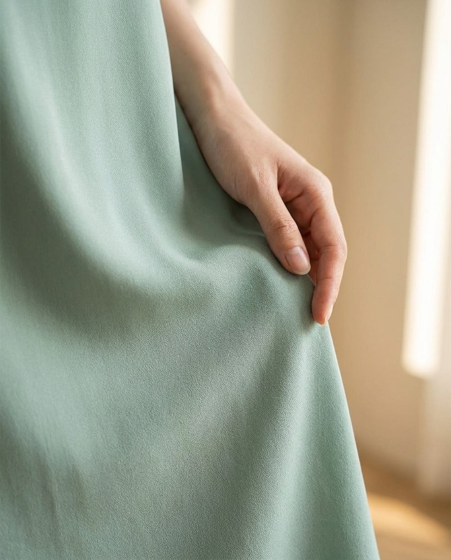 Mini Robe en Crêpe de Chine de Soie 100 % — Sans Manches 7 Coloris Femme — gros plan sur la matière | StudioSoie