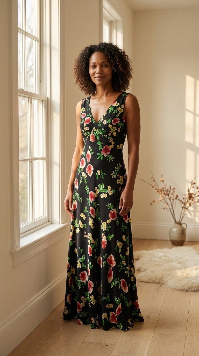 Robe Longue en Crêpe de Soie 100 % — Col V Imprimé Floral Femme — silhouette entière | StudioSoie