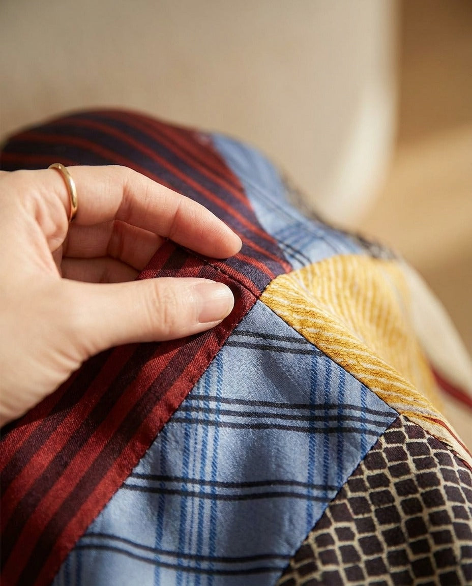 Robe Mi-Longue en Soie de Mûrier 100 % — Col V Ceinturée Imprimé Patchwork Femme — gros plan sur la matière | StudioSoie
