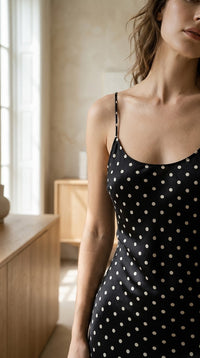 Robe à pois en soie de mûrier coupe biais — détail du décolleté | StudioSoie