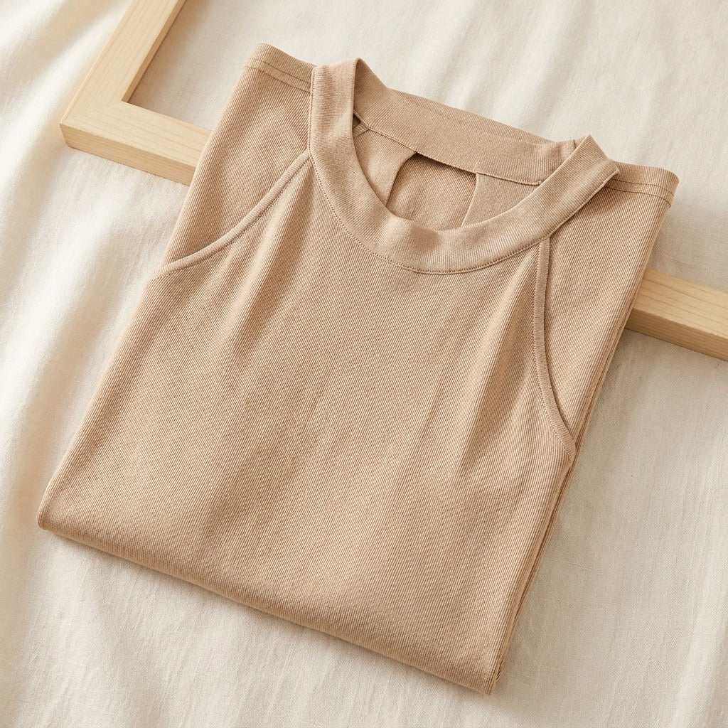 Robe Mi-Longue en Maille de Soie — Dos Nu Épaules Dénudées Femme - coloris beige | StudioSoie