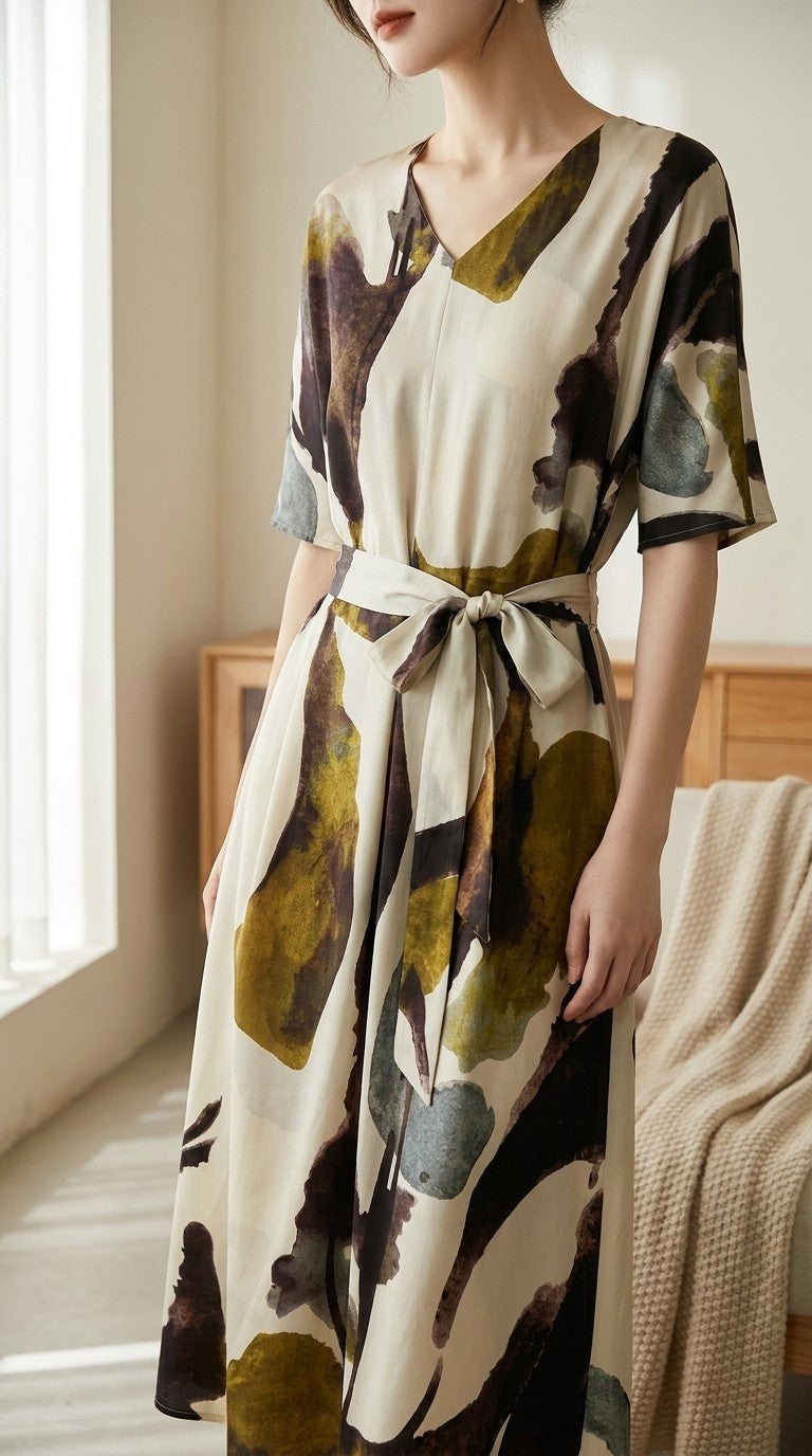 Robe midi en soie de mûrier col V ceinturée — détail du décolleté | StudioSoie