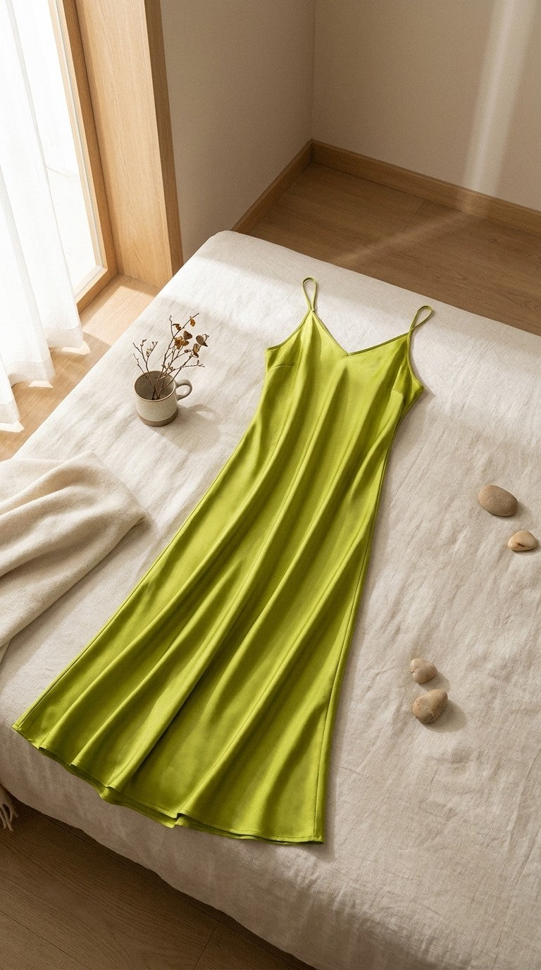 Robe longue en soie de mûrier col V — à plat sur lin | StudioSoie