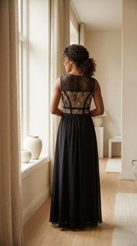 Robe Longue à Empiècement de Dentelle — Sans Manches Femme — vue de dos | StudioSoie