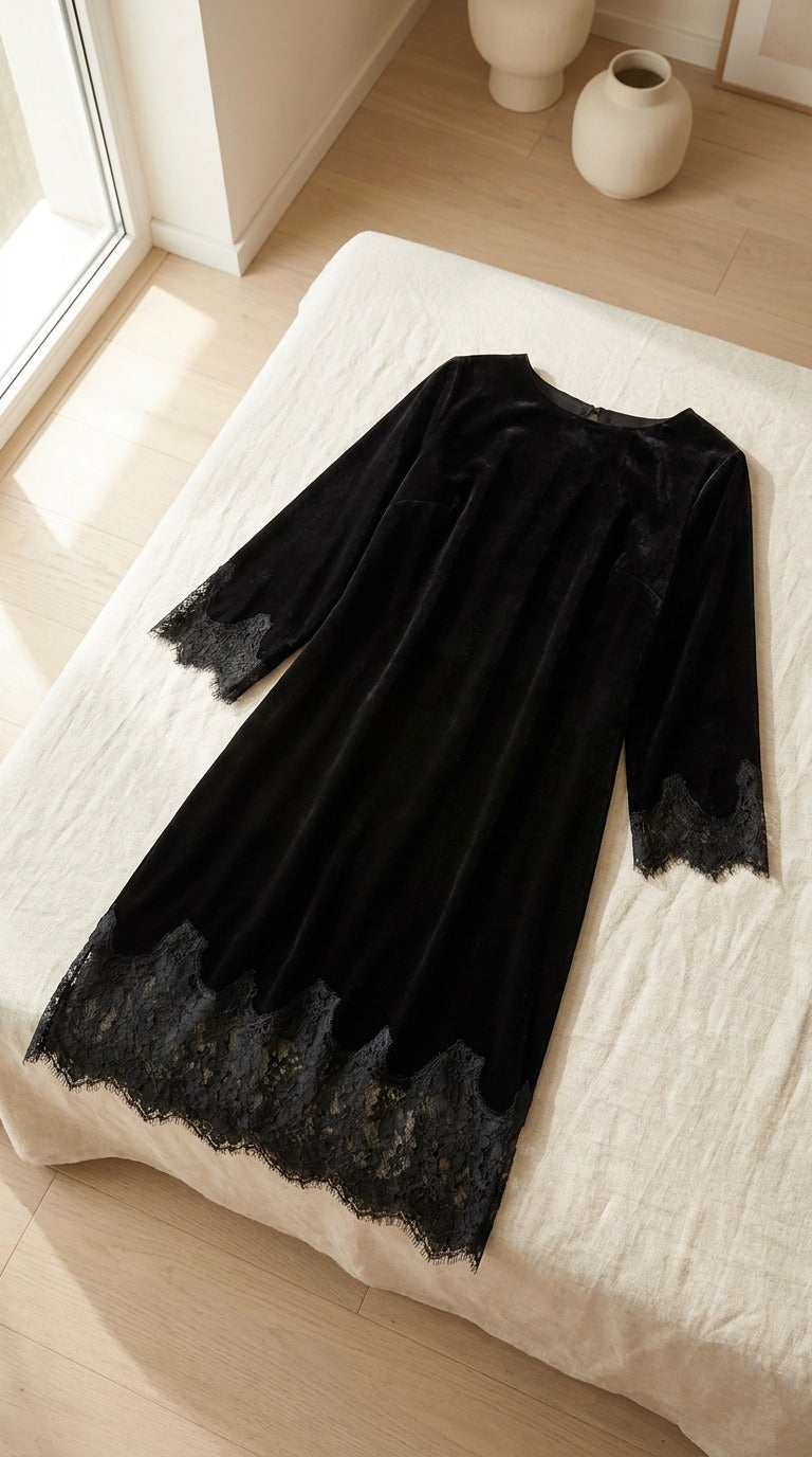 Robe Midi en Velours de Soie 100 % — Col Rond Bordée de Dentelle Femme — à plat sur lin | StudioSoie