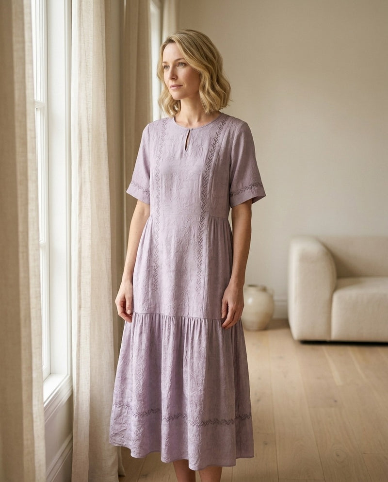 Robe Longue en Soie & Lin — Col Rond Manches Courtes Coupe A Femme