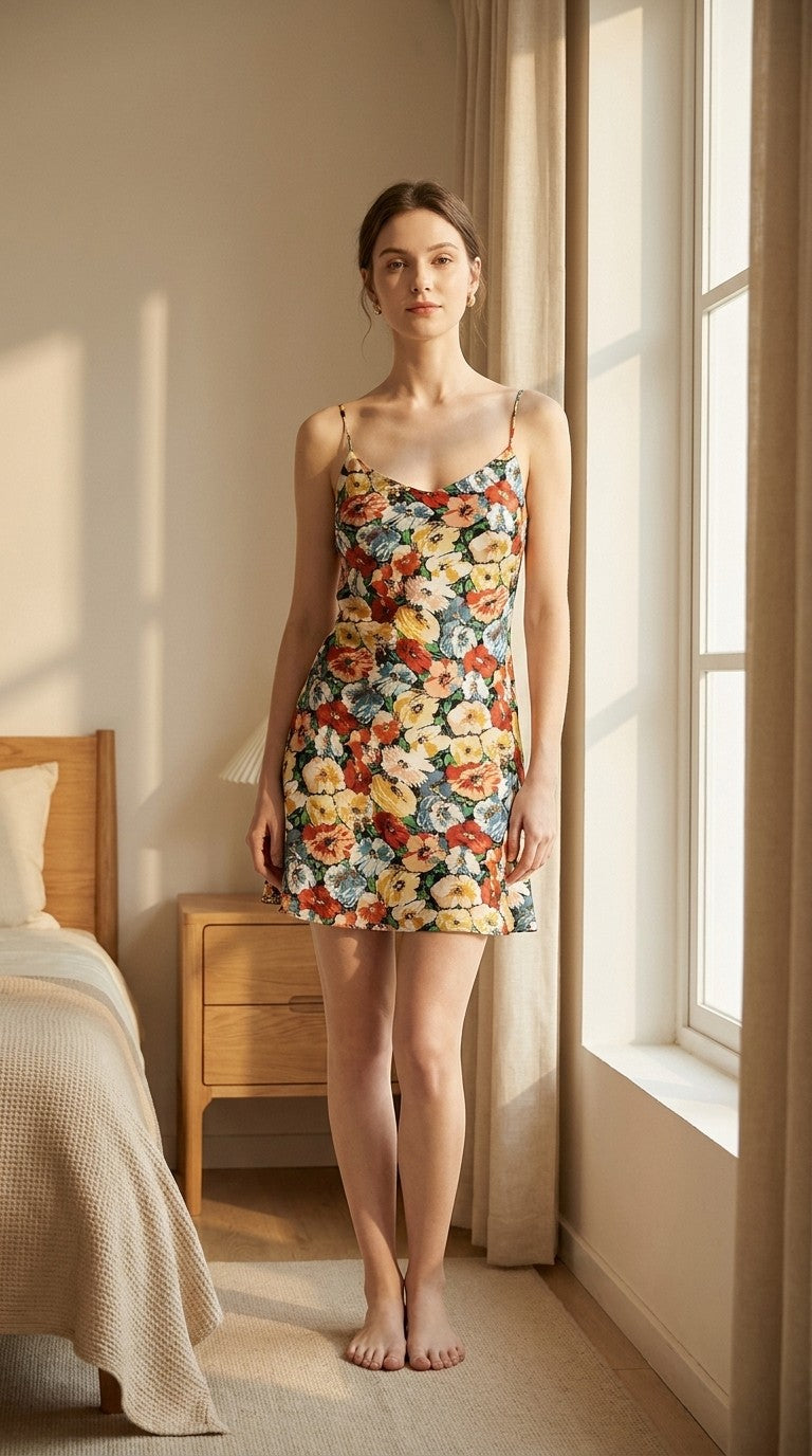 Mini robe en soie de mûrier coupe biais imprimé floral — silhouette complète | StudioSoie
