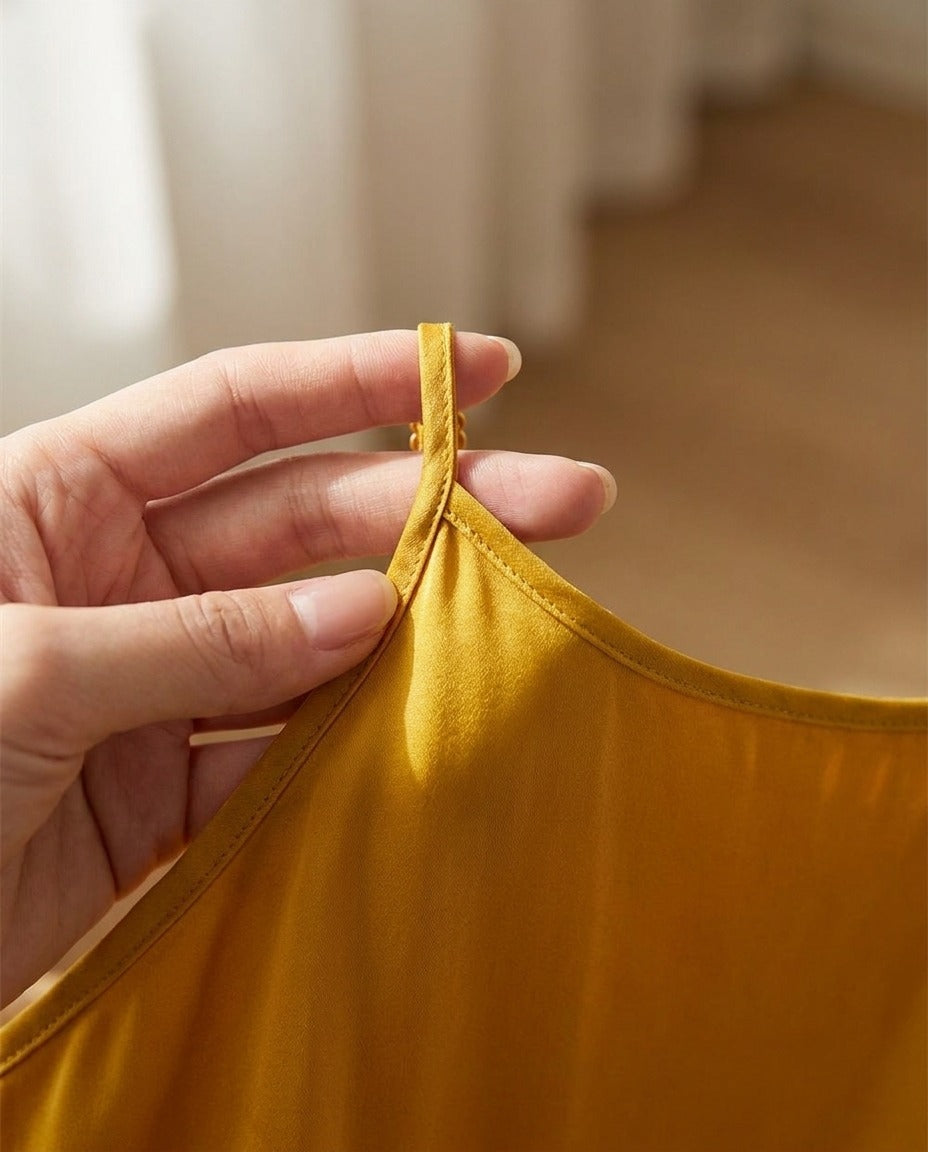 Robe Mi-Longue en Soie 93 % — Bretelles Fines 11 Coloris Femme — gros plan sur la matière | StudioSoie