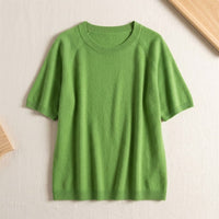 Pull en laine mérinos 100% col rond manches courtes femme - coloris Vert Pomme | StudioSoie