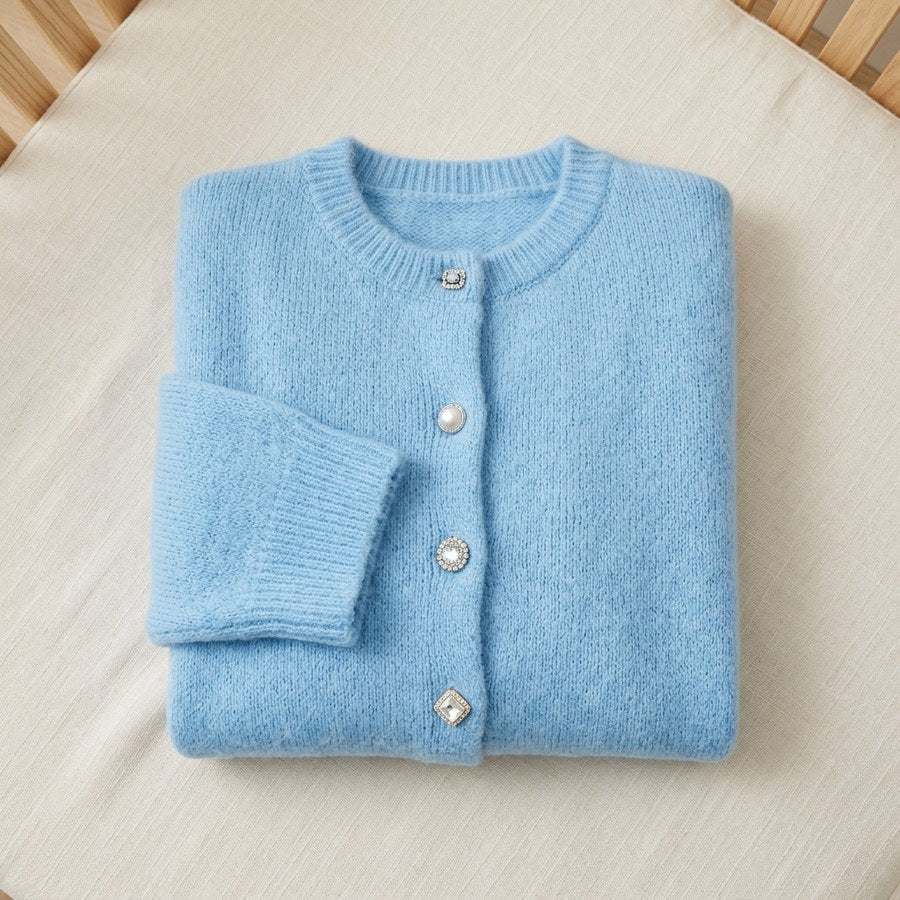 Cardigan en alpaga 78% boutonné col rond femme - coloris Bleu Ciel | StudioSoie