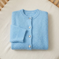 Cardigan en alpaga 78% boutonné col rond femme - coloris Bleu Ciel | StudioSoie
