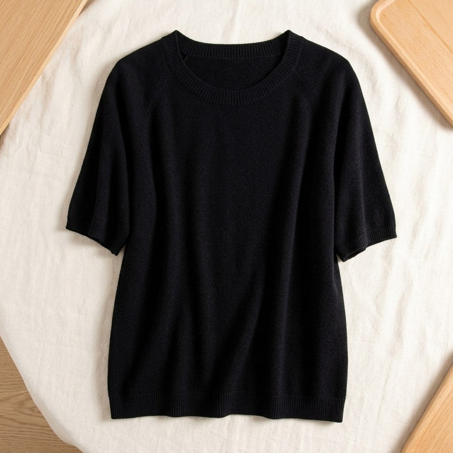 Pull en laine mérinos 100% col rond manches courtes femme - coloris Noir | StudioSoie