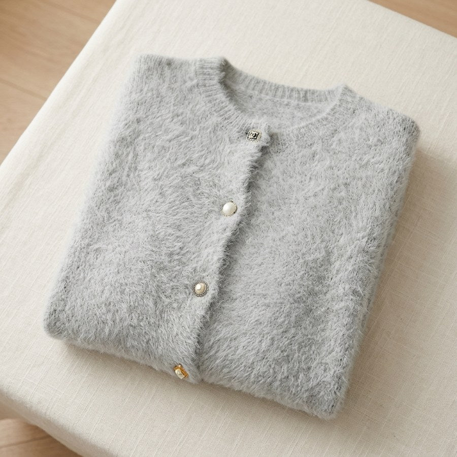 Cardigan en alpaga 78% boutonné col rond femme - coloris Gris Perle | StudioSoie