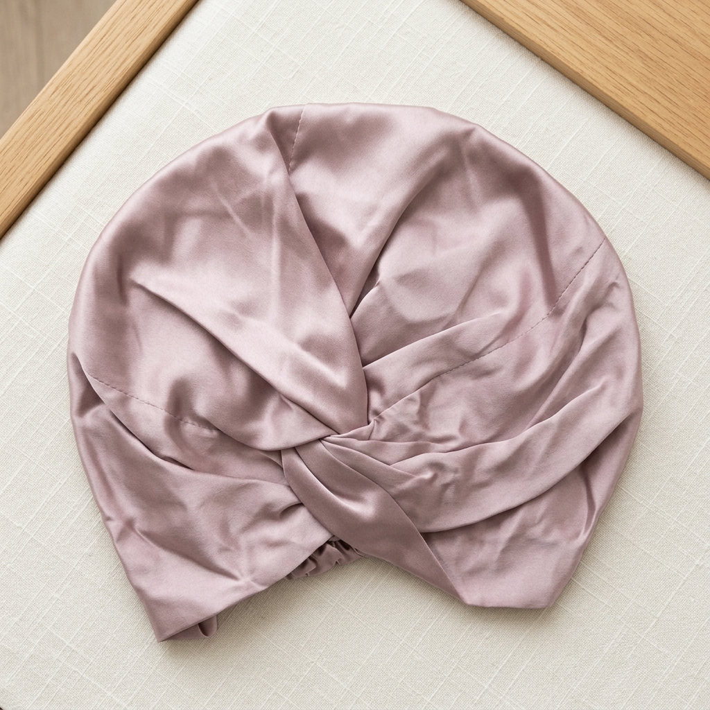Bonnet turban en soie – coloris Rose Lotus – StudioSoie