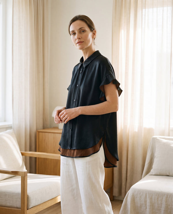 Damen-Seidenbluse aus 90 % Maulbeerseide - Kurzarm mit Rüschen