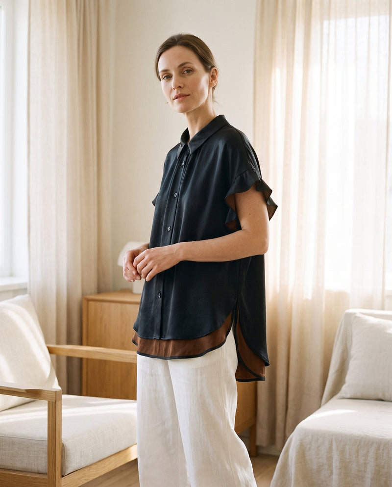Chemise en Soie - Soie de Mûrier 90% Manches Courtes à Volants Femme