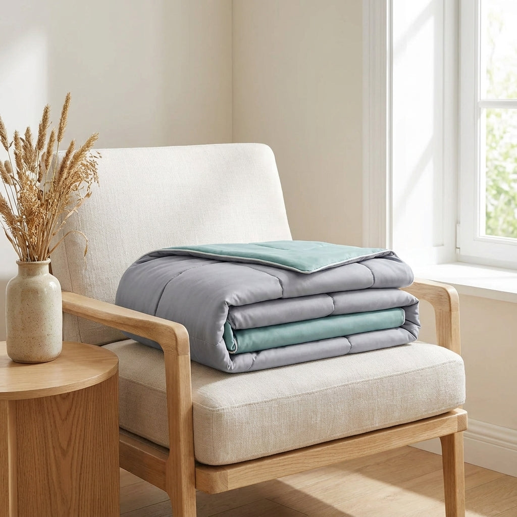 Couette d'été rafraîchissante pliée dans une chambre cosy - StudioSoie