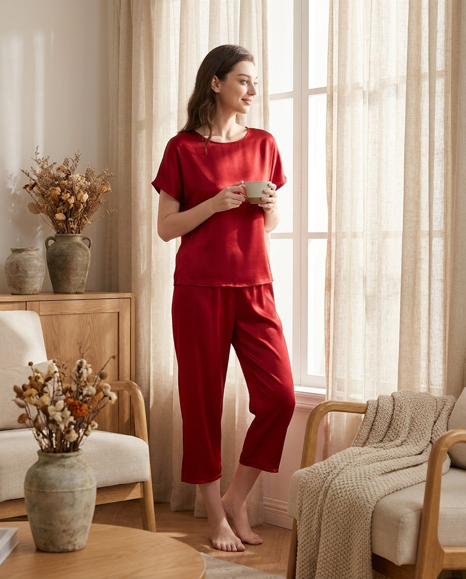 Ensemble Pyjama en Soie de Mûrier 19 Momme - Haut Manches Courtes & Pantalon Capri Femme - StudioSoie