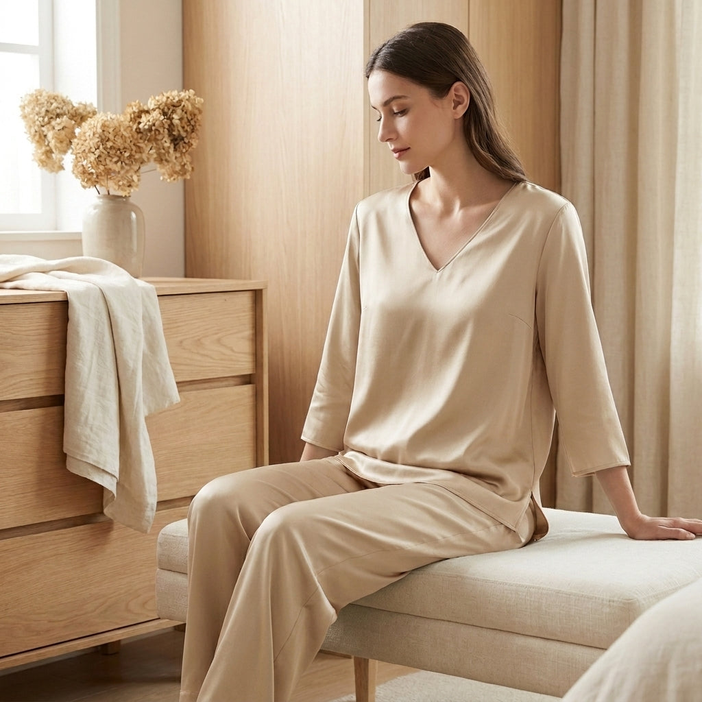 Ensemble Pyjama en Soie de Mûrier 20MM - Haut Col V & Pantalon Femme 100% Soie Naturelle - StudioSoie