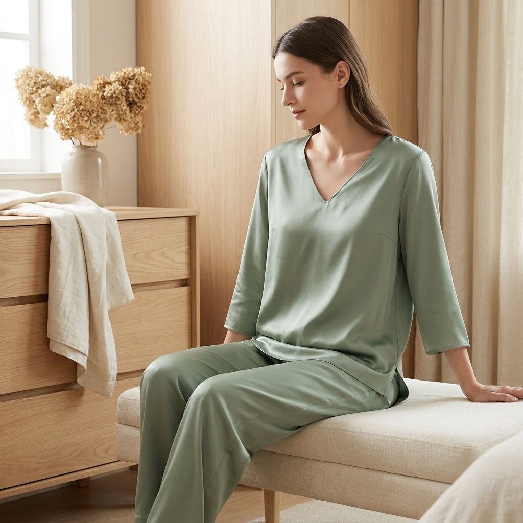 Ensemble Pyjama en Soie de Mûrier 20MM - Haut Col V & Pantalon Femme 100% Soie Naturelle - StudioSoie