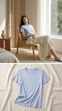 T-shirt en soie en flat-lay sur lin crème - StudioSoie