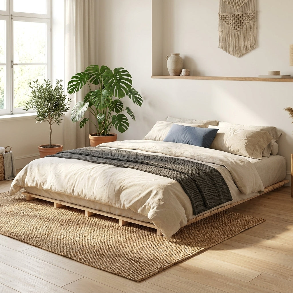 Lit plateforme en pin massif StudioSoie, chambre nature