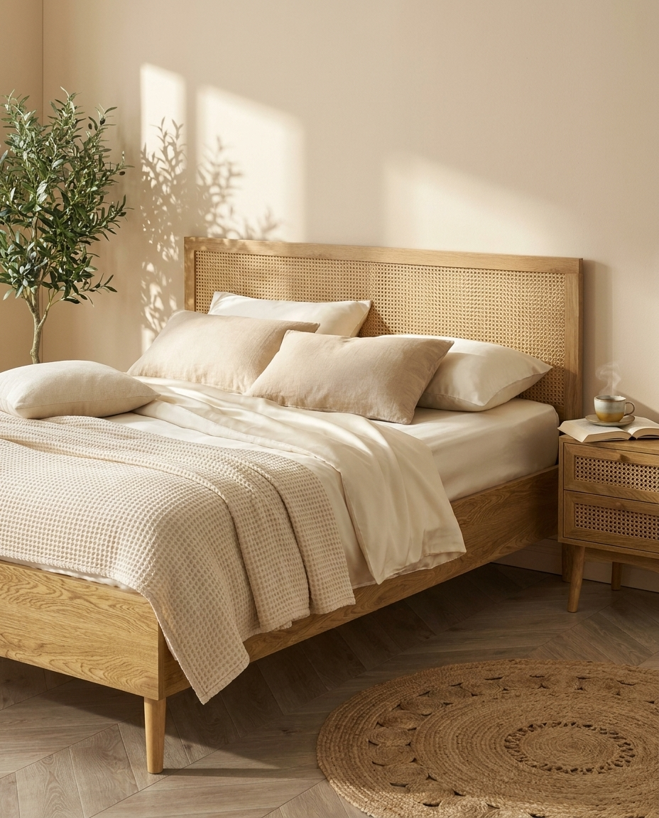 Lit ELARA en cannage rotin avec parure ivoire, ambiance matinale cosy - StudioSoie