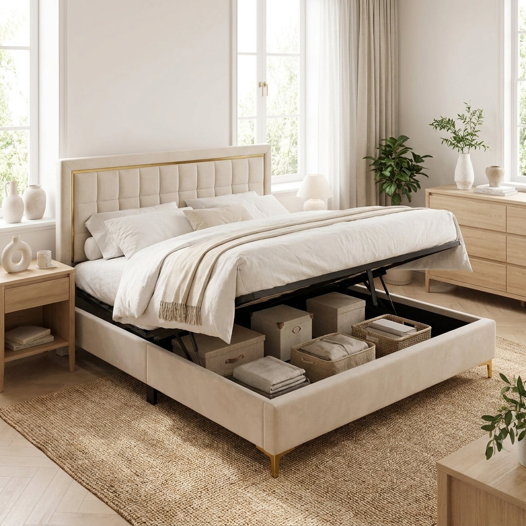Lit velours beige avec coffre de rangement ouvert - StudioSoie