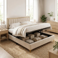 Lit velours beige avec coffre de rangement ouvert