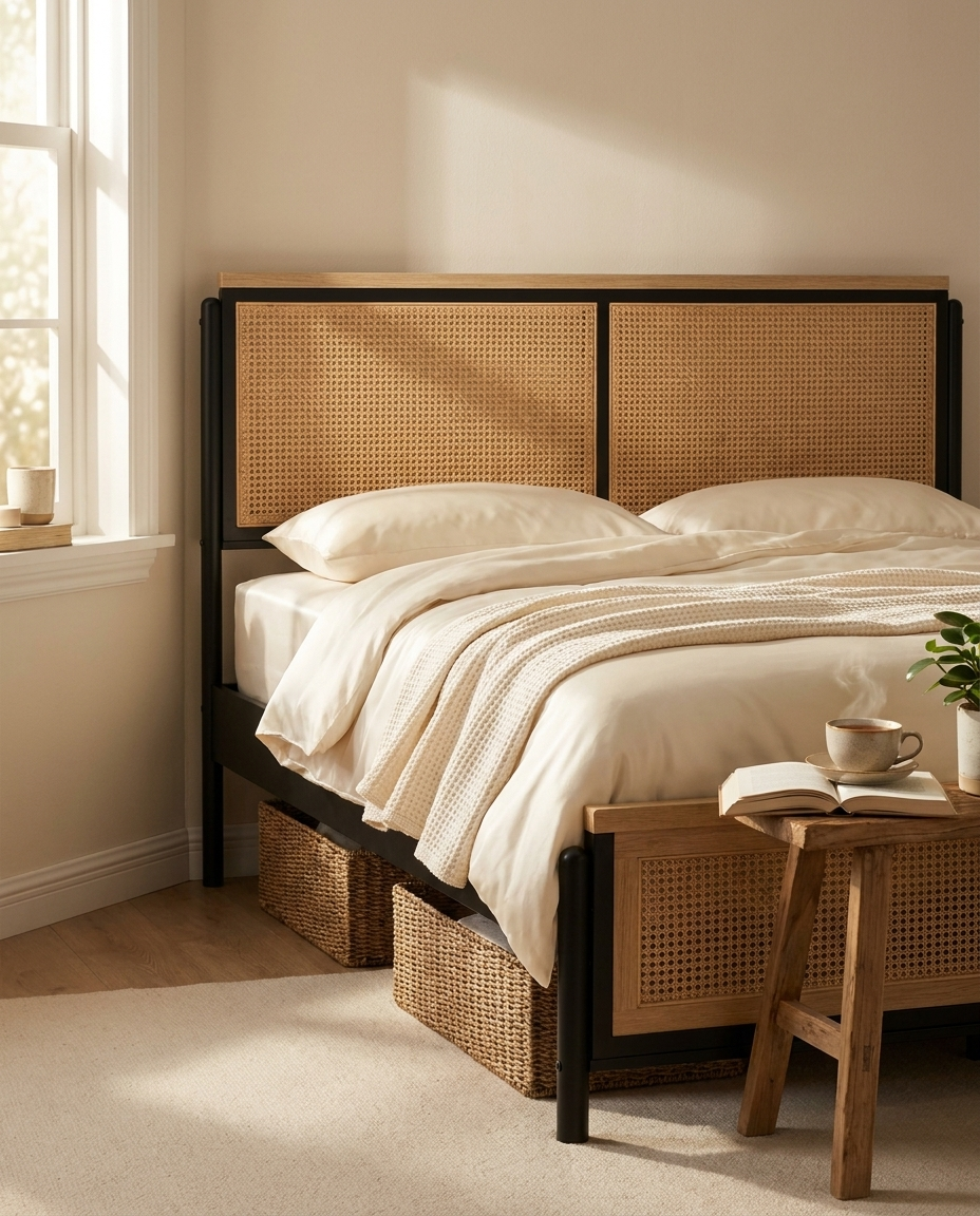 Lit NAYA rotin naturel avec paniers de rangement sous le lit, ambiance matinale - StudioSoie