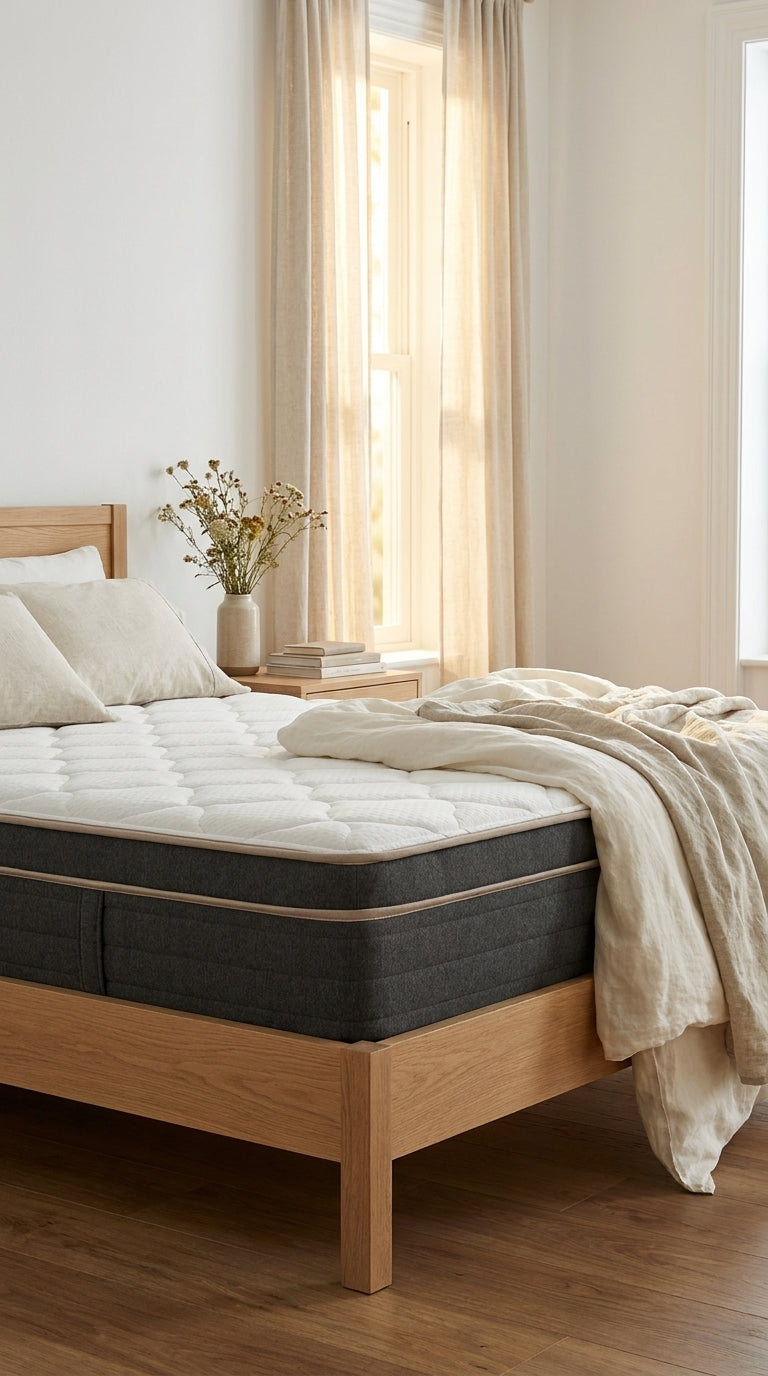 Matelas 7 zones sur lit en chêne près d'une fenêtre, lumière dorée - StudioSoie