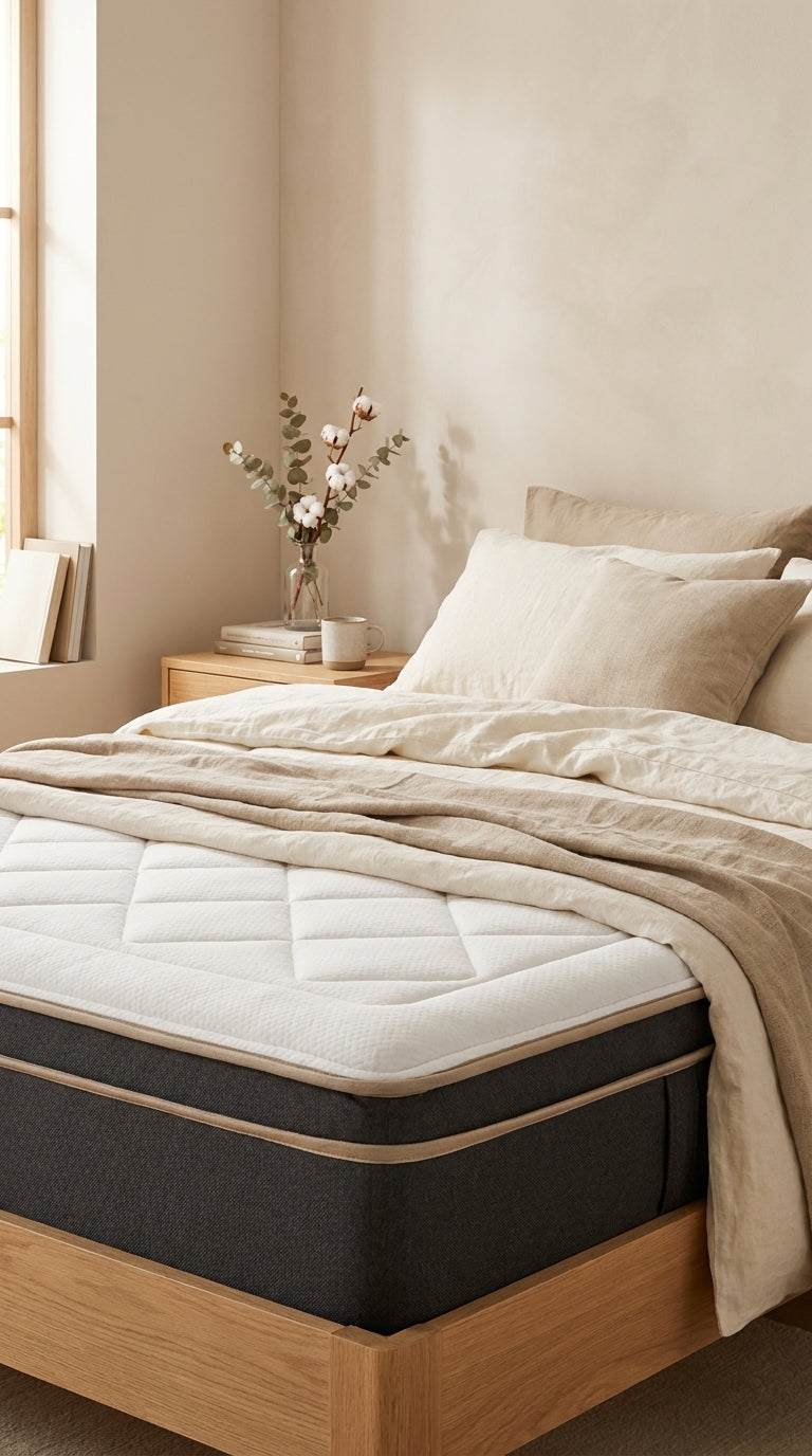 Lit habillé de lin crème avec le matelas 7 zones, nature morte cosy - StudioSoie