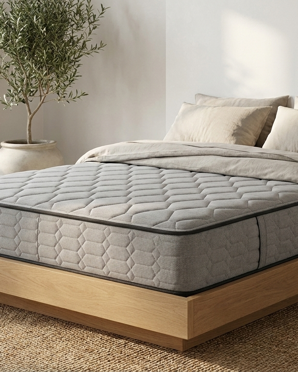 Matelas ressorts ensachés et mémoire de forme sur lit en chêne - StudioSoie