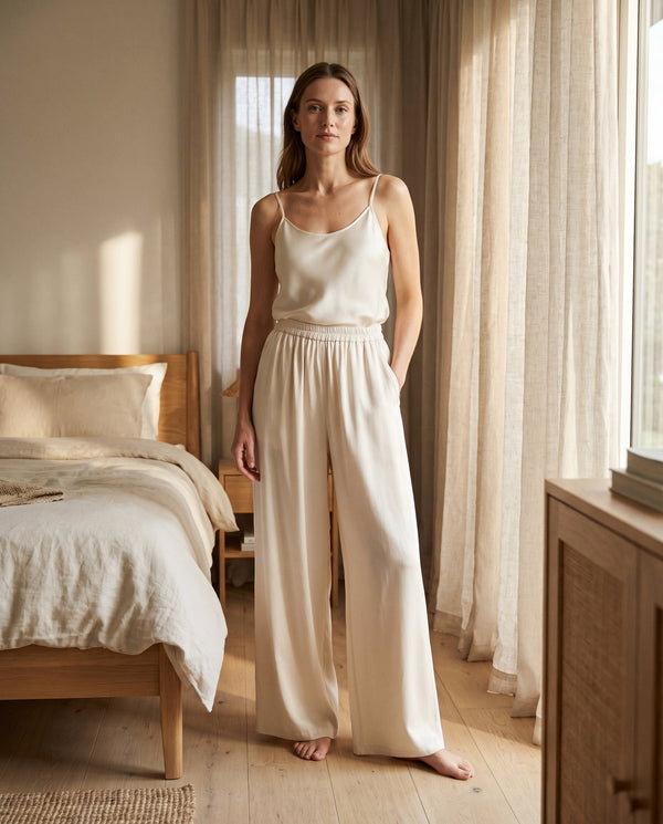 Damen-Hose mit weitem Bein aus 95 % Maulbeerseide - Elastischer Bund