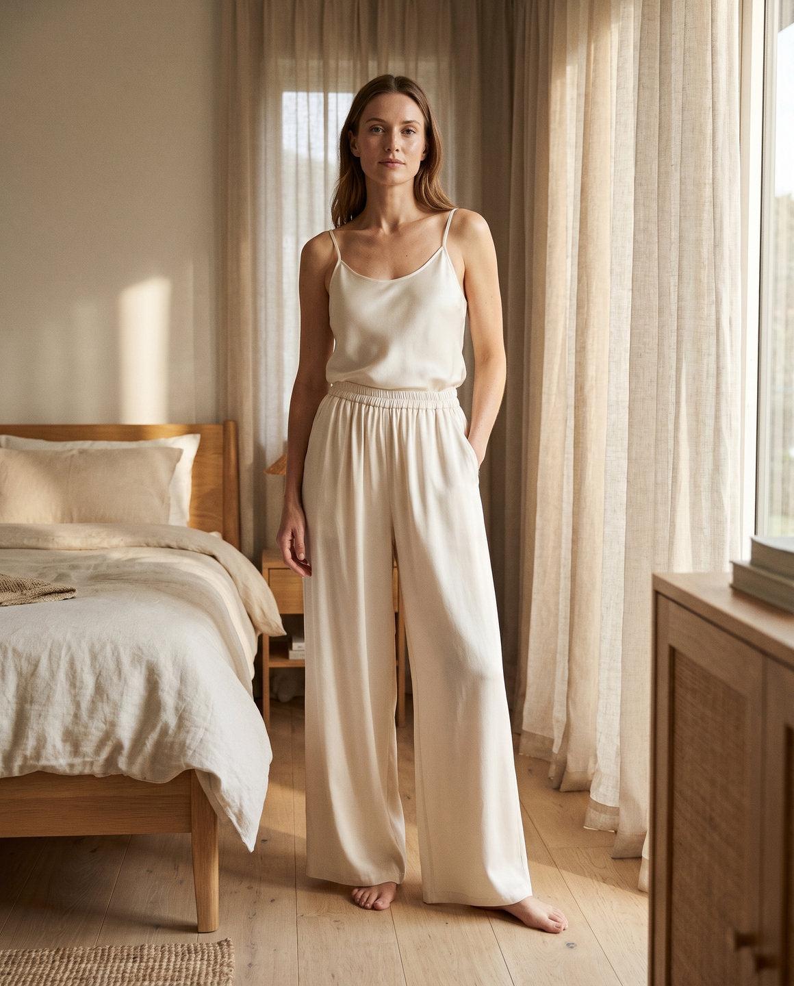 Pantalon large en soie de mûrier ivoire porté – StudioSoie