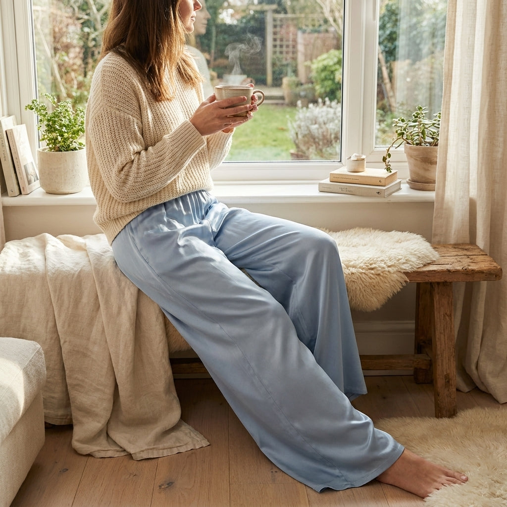Pantalon fluide en soie de mûrier porté, ambiance cosy - StudioSoie